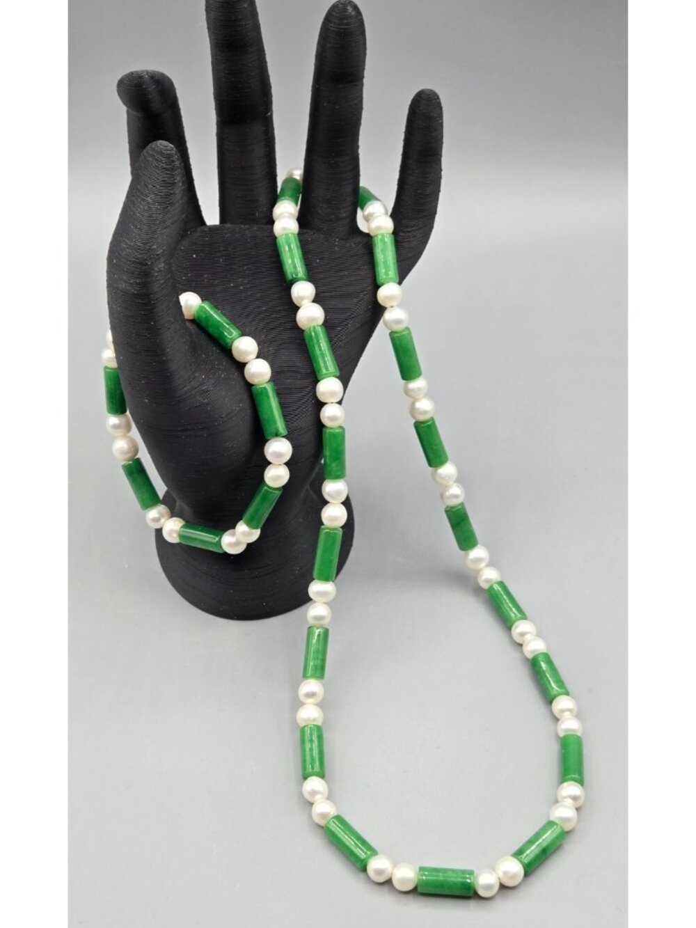 Natural White Freshwater Pearl 7-8mm, 15 x 6mm Green Jade Necklace Bracelet Set - Picture 2 of 7